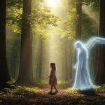 Criança caminhando por uma floresta iluminada, acompanhada por uma figura espiritual translúcida e luminosa, representando um anjo da guarda. A cena transmite proteção e espiritualidade sob a luz do Espiritismo.