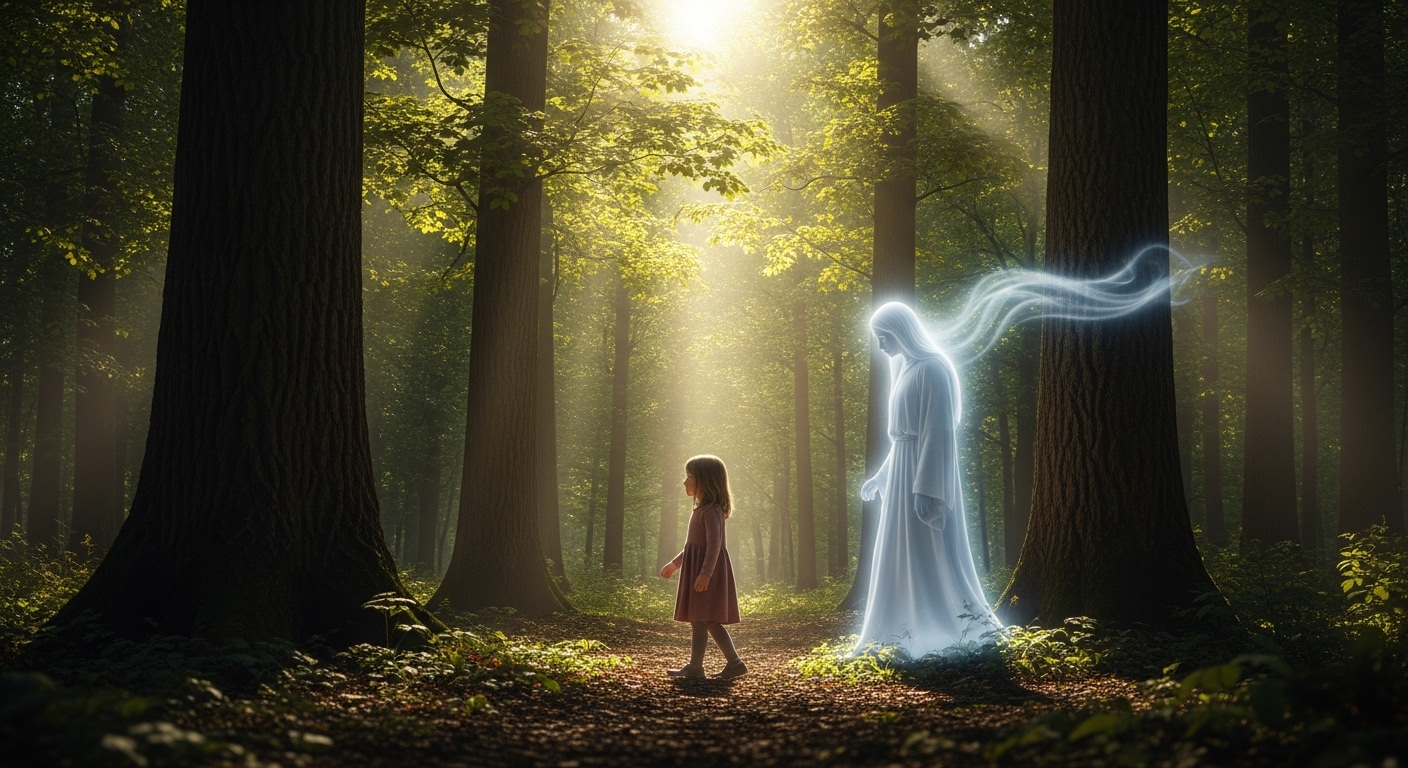 Criança caminhando por uma floresta iluminada, acompanhada por uma figura espiritual translúcida e luminosa, representando um anjo da guarda. A cena transmite proteção e espiritualidade sob a luz do Espiritismo.