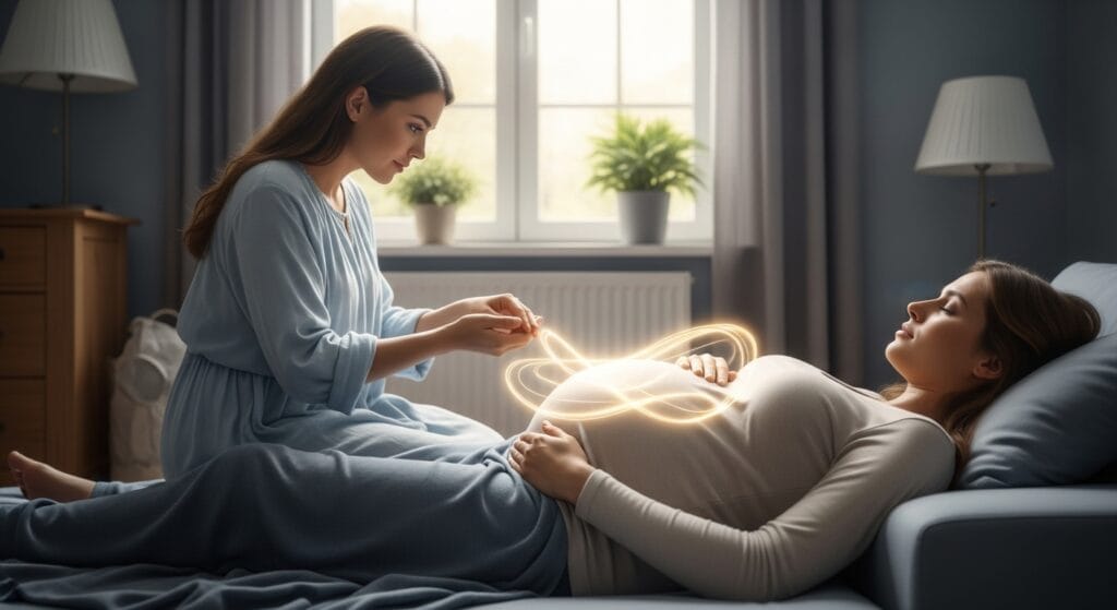Mulher grávida deitada com expressão serena, sendo amparada por outra mulher que toca suavemente sua barriga, envolta por uma aura luminosa simbolizando a presença espiritual. A cena transmite proteção, espiritualidade e conexão entre planos.