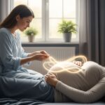 Mulher grávida deitada com expressão serena, sendo amparada por outra mulher que toca suavemente sua barriga, envolta por uma aura luminosa simbolizando a presença espiritual. A cena transmite proteção, espiritualidade e conexão entre planos.
