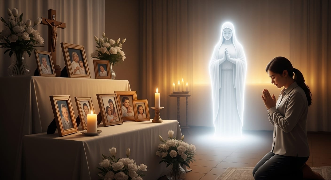Mulher ajoelhada em oração diante de um altar com fotos de entes queridos, flores brancas, velas acesas e um crucifixo. À sua frente, aparece uma figura espiritual luminosa com feições serenas e mãos em prece, simbolizando uma presença divina ou espiritual.