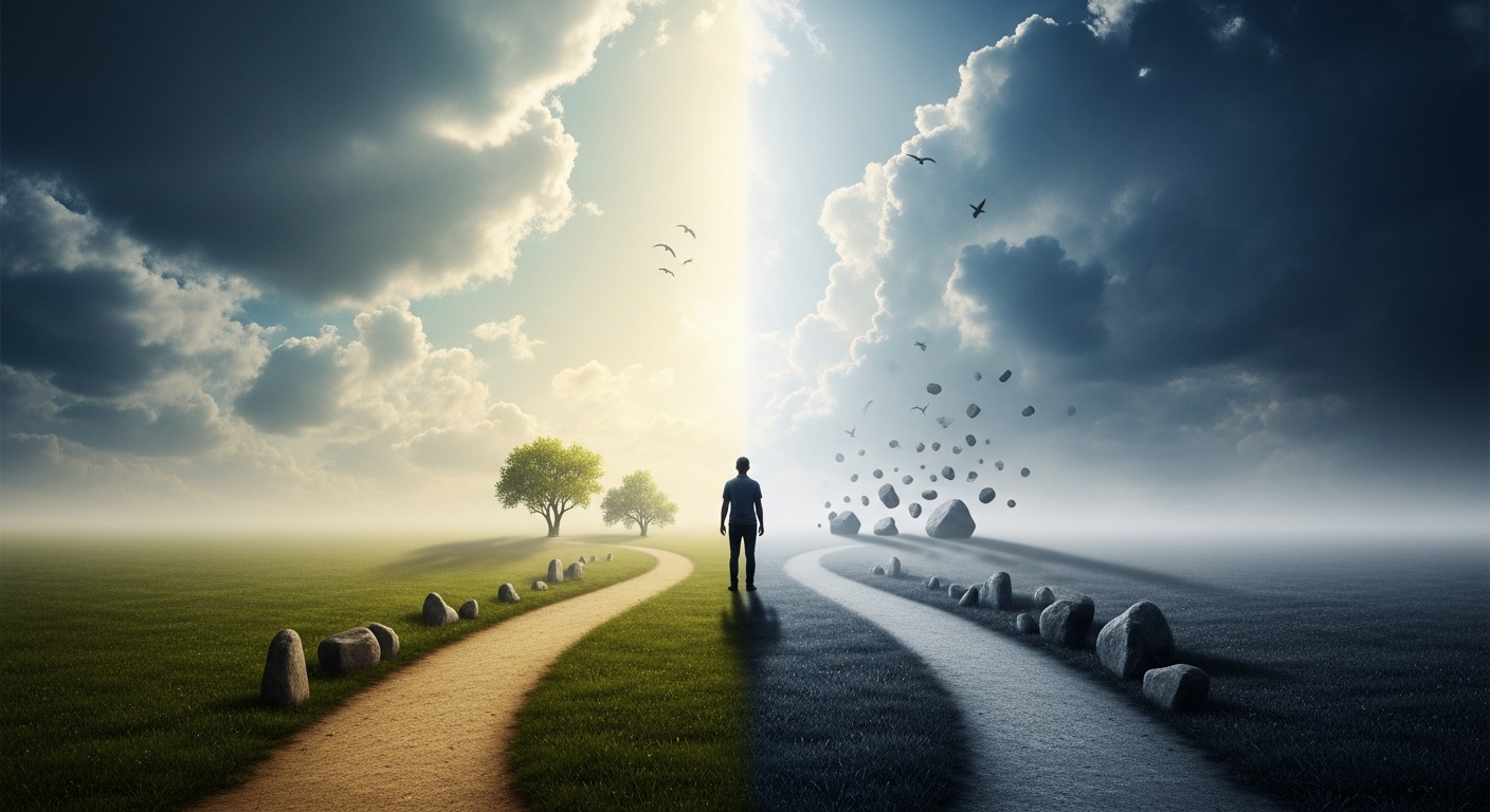 Pessoa parada diante de dois caminhos que se separam. À esquerda, um caminho claro, com céu azul, árvores verdes e grama bem cuidada. À direita, um caminho escuro, sob nuvens carregadas, com pedras flutuando e ambiente sombrio. A cena simboliza o livre-arbítrio, representando a escolha entre o bem e o mal, luz e sombras, evolução e estagnação espiritual.