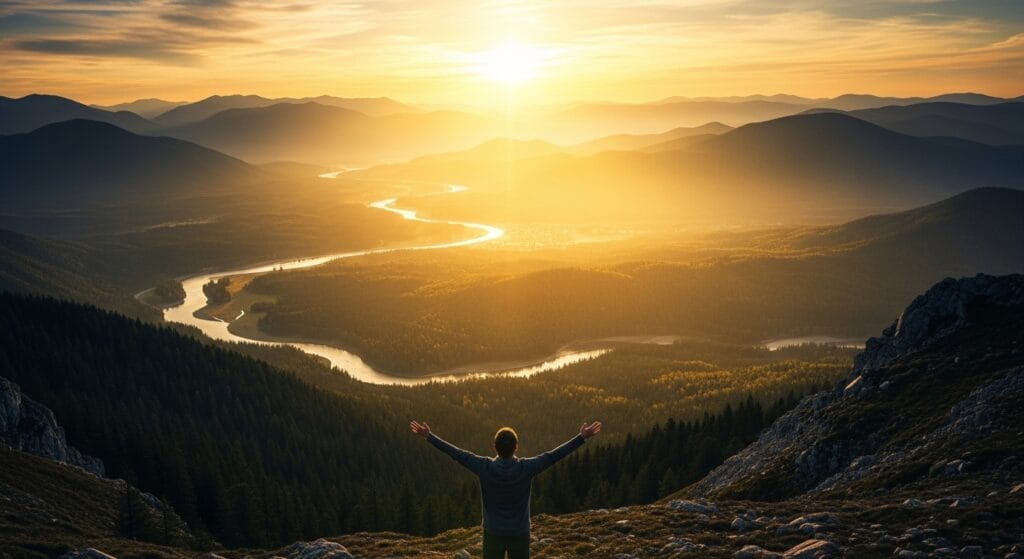 Pessoa de braços abertos contemplando o nascer do sol do alto de uma montanha, diante de um vasto vale com rios sinuosos e florestas, simbolizando a conexão espiritual com Deus e a grandiosidade da criação.