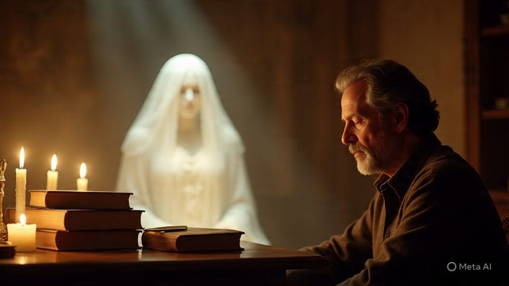 Homem pensativo sentado à mesa com livros e velas acesas, enquanto ao fundo aparece a figura luminosa de uma mulher vestida de branco, evocando uma presença espiritual.