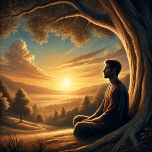 dallc2b7e-2025-07-10-18.23.06-a-realistic-painting-of-a-man-sitting-under-a-large-tree-gazing-peacefully-at-the-sunset.-his-face-has-serene-contemplative-features-radiating-calm-300x300 Acalmar o Coração: O Primeiro Passo para a Luz Interior