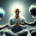 Homem em meditação envolto por luz, sendo observado por espíritos — um iluminado e um sombrio — representando a importância do discernimento espiritual.