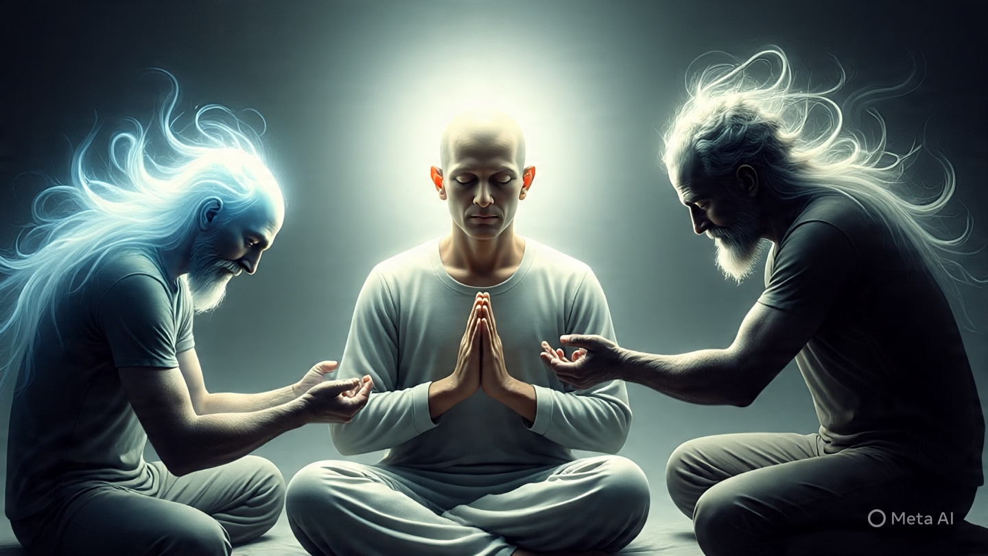 Homem em meditação envolto por luz, sendo observado por espíritos — um iluminado e um sombrio — representando a importância do discernimento espiritual.
