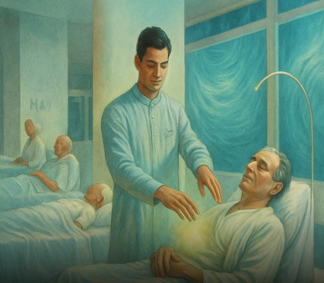 Ilustração espiritual retratando um jovem aplicando passe energético em um paciente acamado, com as mãos estendidas sobre o peito do homem, irradiando luz. Ao fundo, outros pacientes repousam em um ambiente hospitalar sereno, sugerindo um plano espiritual de cura e acolhimento.