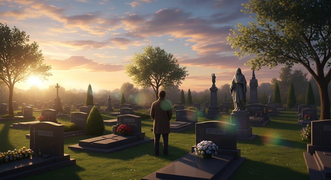 Homem de costas, em pé entre túmulos e esculturas em um cemitério arborizado ao pôr do sol, contemplando o horizonte em clima de introspecção e saudade.