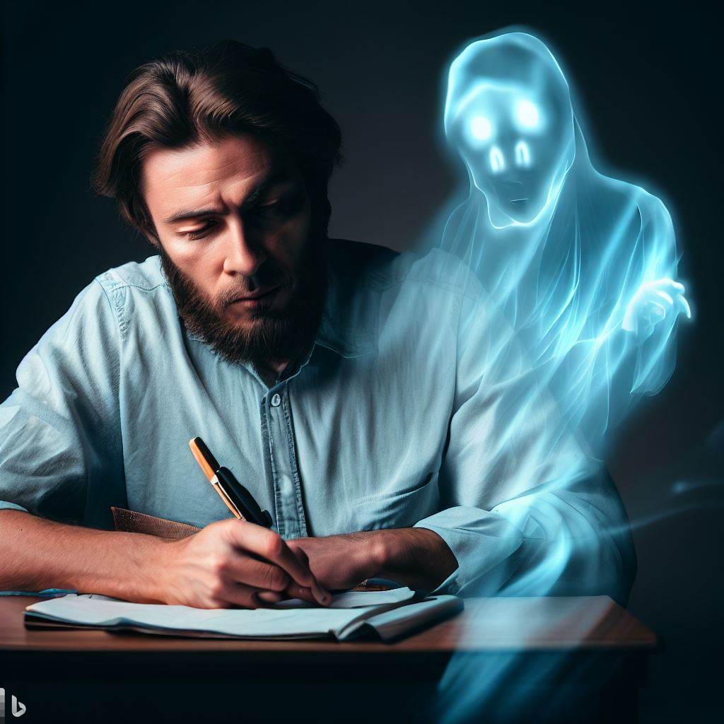 Homem de barba escrevendo atentamente em um caderno, com a presença translúcida de um espírito ao seu lado, representando o fenômeno da psicografia.