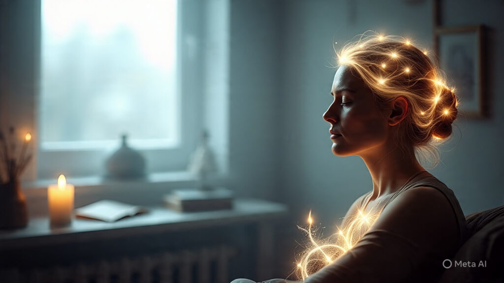 Cena artística de uma mulher meditando em um ambiente suavemente iluminado, com os olhos fechados e expressão de paz interior. Luzes douradas percorrem seu cabelo e peito, simbolizando energia espiritual e conexão intuitiva.